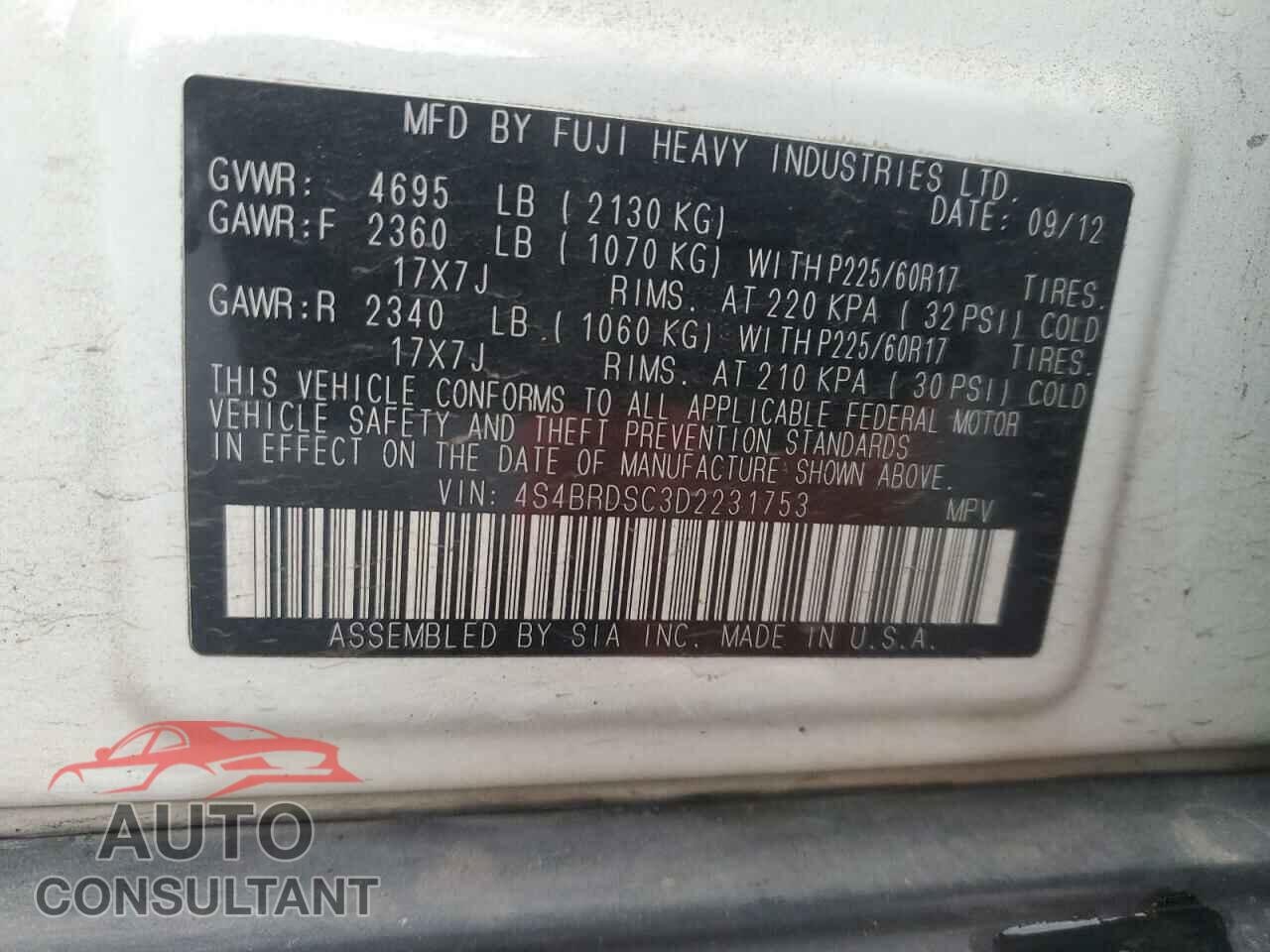 SUBARU OUTBACK 2013 - 4S4BRDSC3D2231753