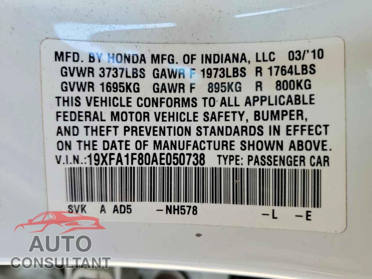HONDA CIVIC 2010 - 19XFA1F80AE050738