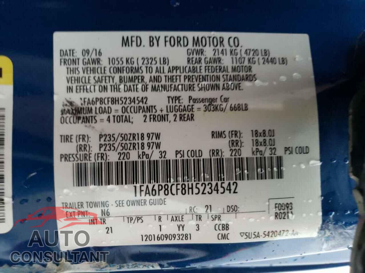 FORD MUSTANG 2017 - 1FA6P8CF8H5234542