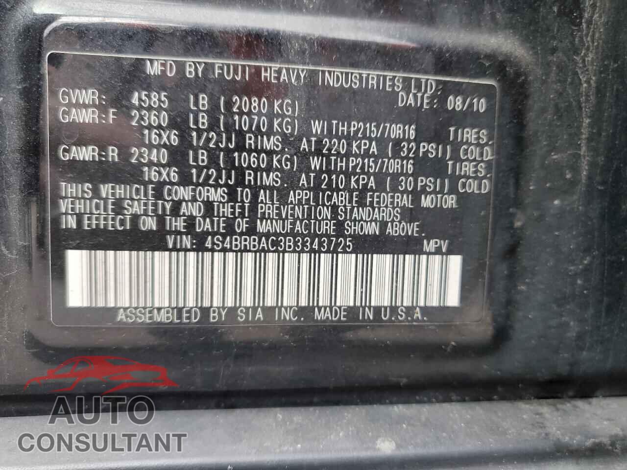 SUBARU OUTBACK 2011 - 4S4BRBAC3B3343725