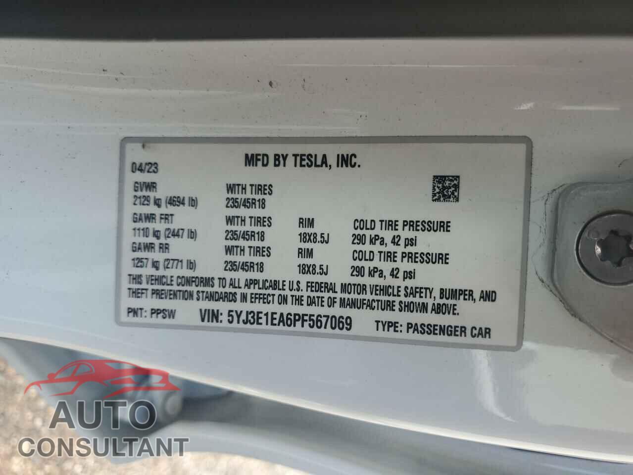 TESLA MODEL 3 2023 - 5YJ3E1EA6PF567069