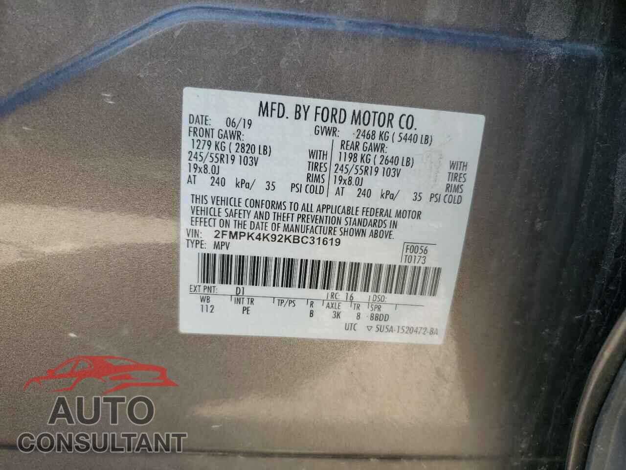 FORD EDGE 2019 - 2FMPK4K92KBC31619