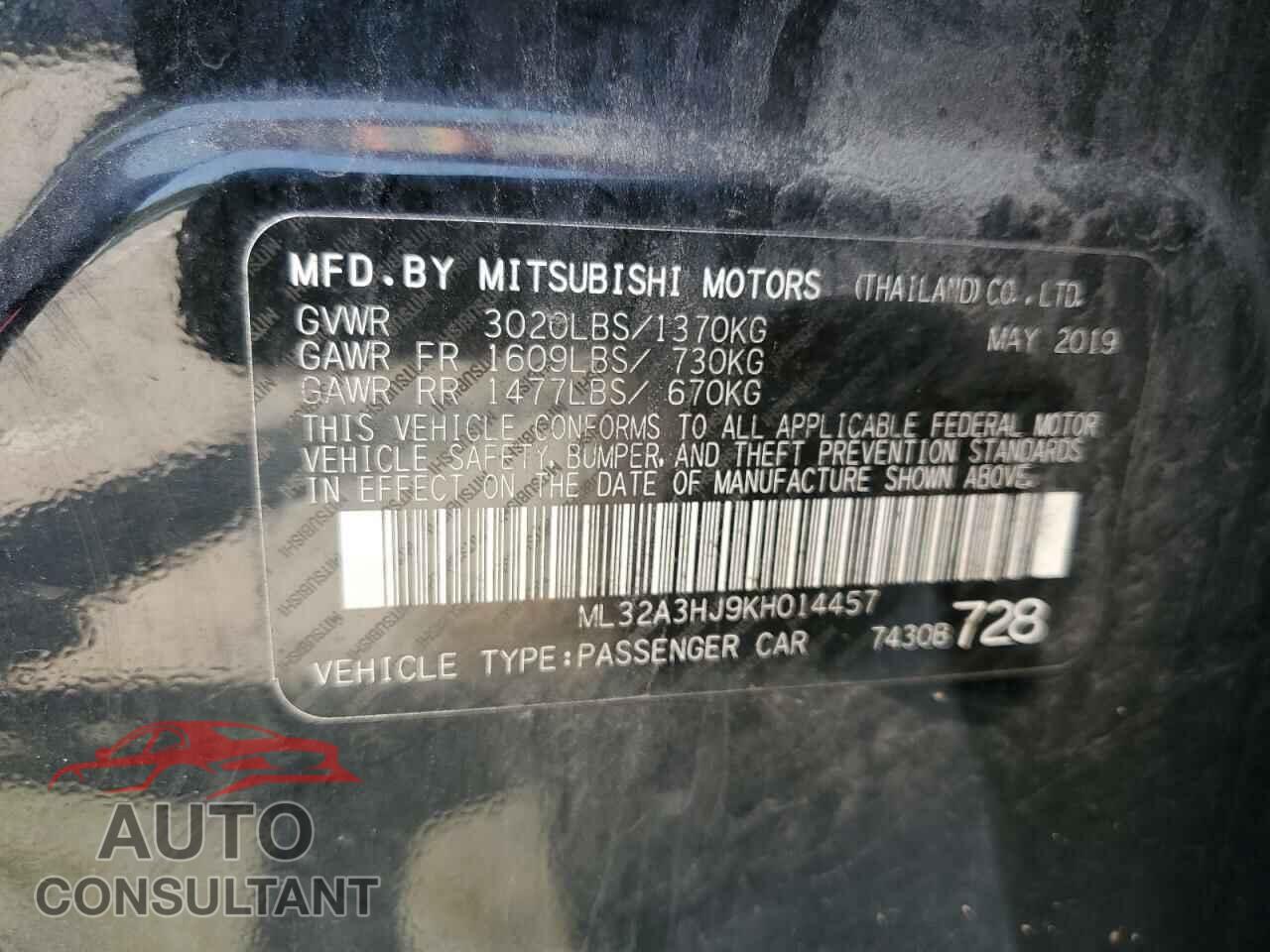 MITSUBISHI MIRAGE 2019 - ML32A3HJ9KH014457