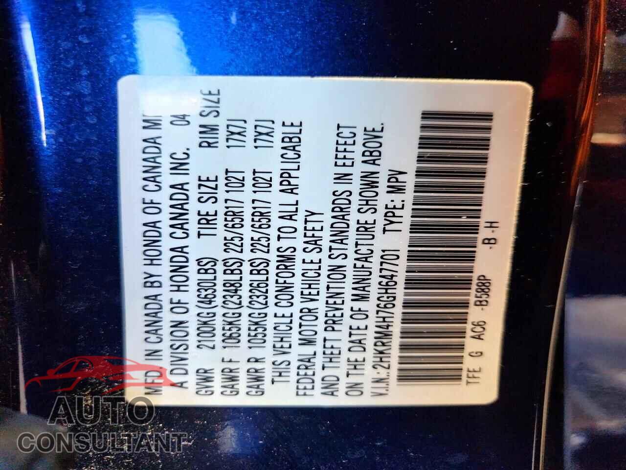 HONDA CRV 2016 - 2HKRM4H76GH647701