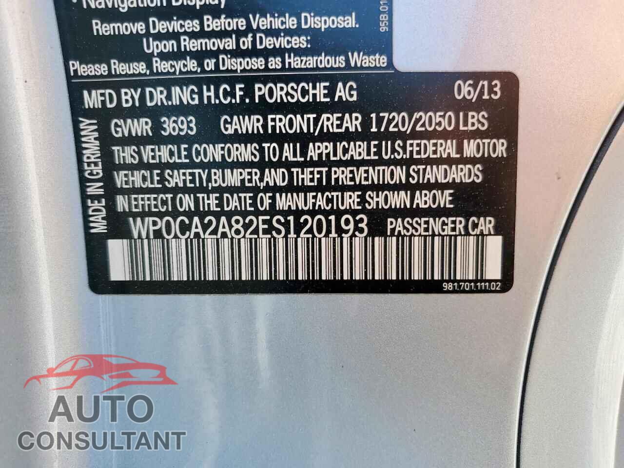 PORSCHE BOXSTER 2014 - WP0CA2A82ES120193
