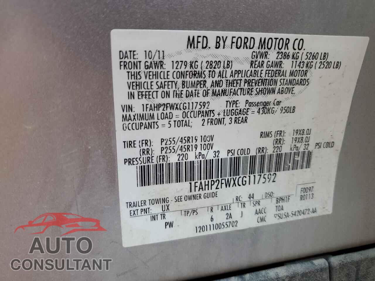 FORD TAURUS 2012 - 1FAHP2FWXCG117592