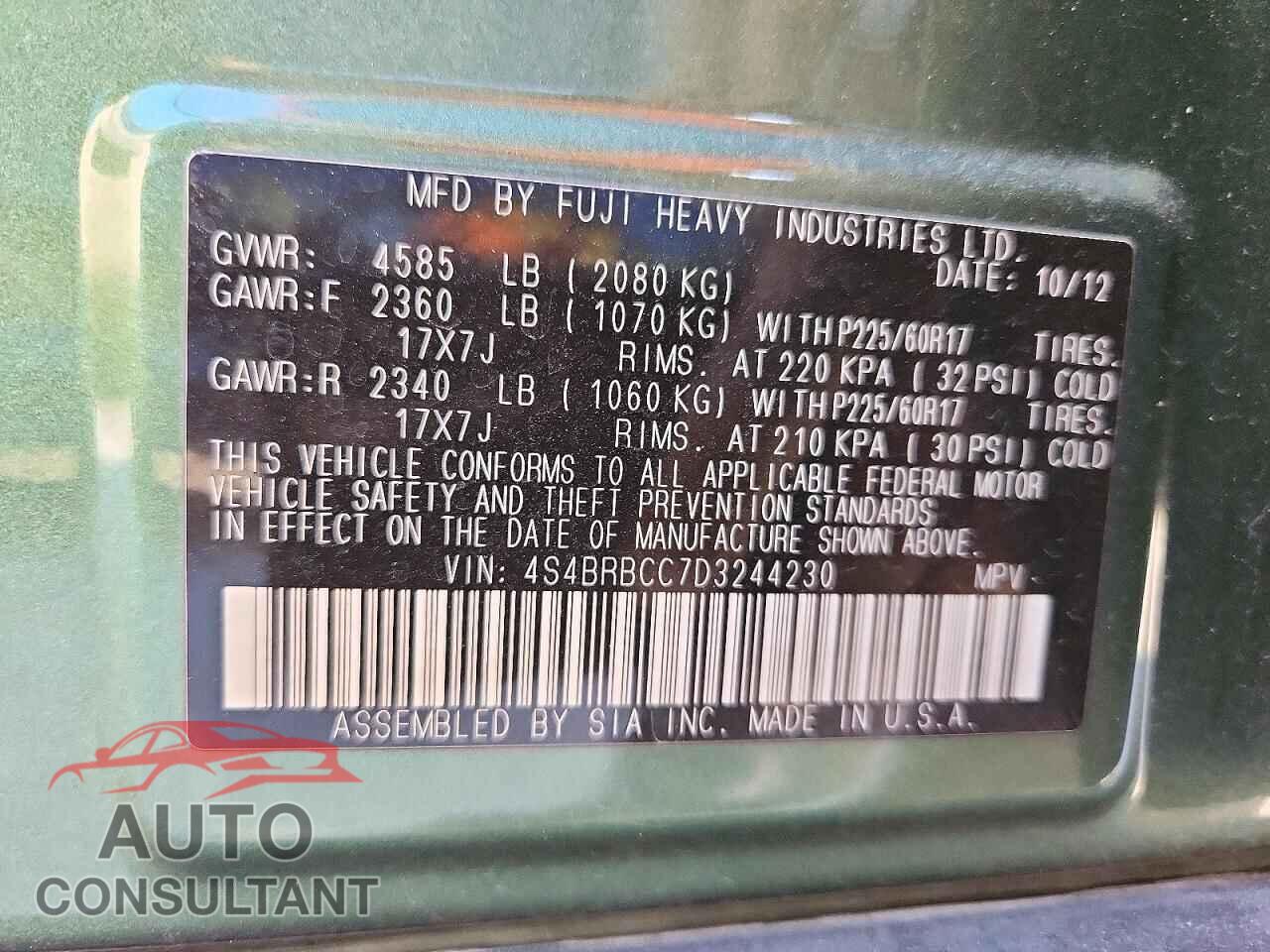 SUBARU OUTBACK 2013 - 4S4BRBCC7D3244230