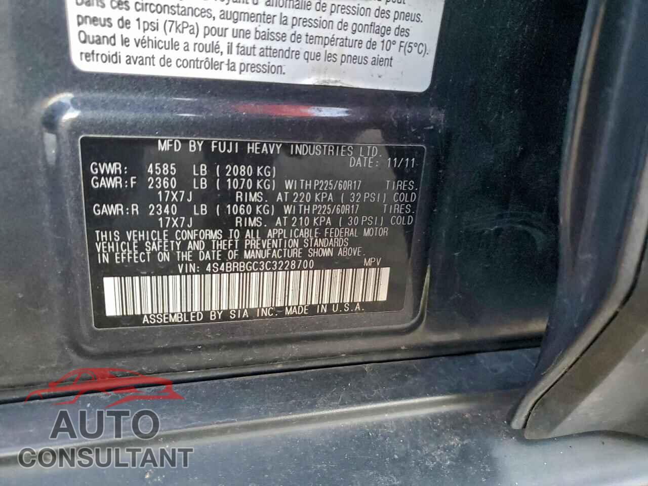 SUBARU OUTBACK 2012 - 4S4BRBGC3C3228700