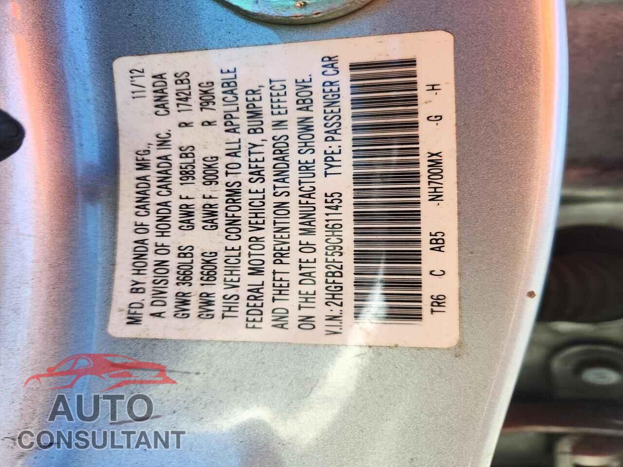 HONDA CIVIC 2012 - 2HGFB2F59CH611455