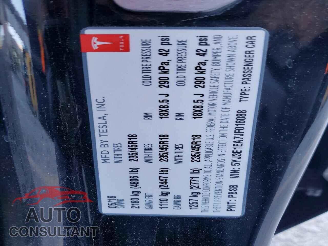 TESLA MODEL 3 2018 - 5YJ3E1EA7JF016088