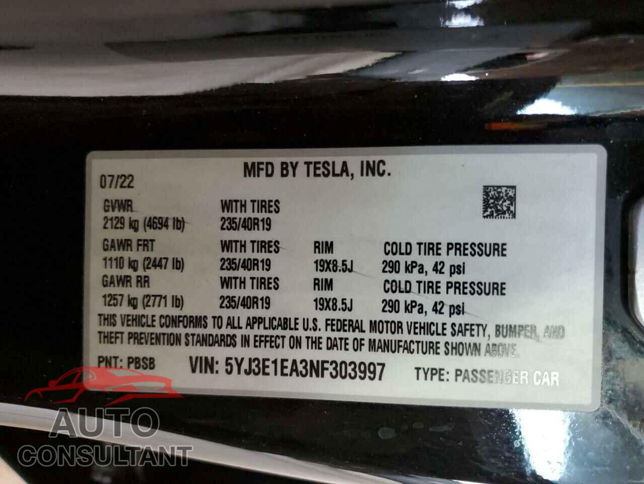 TESLA MODEL 3 2022 - 5YJ3E1EA3NF303997