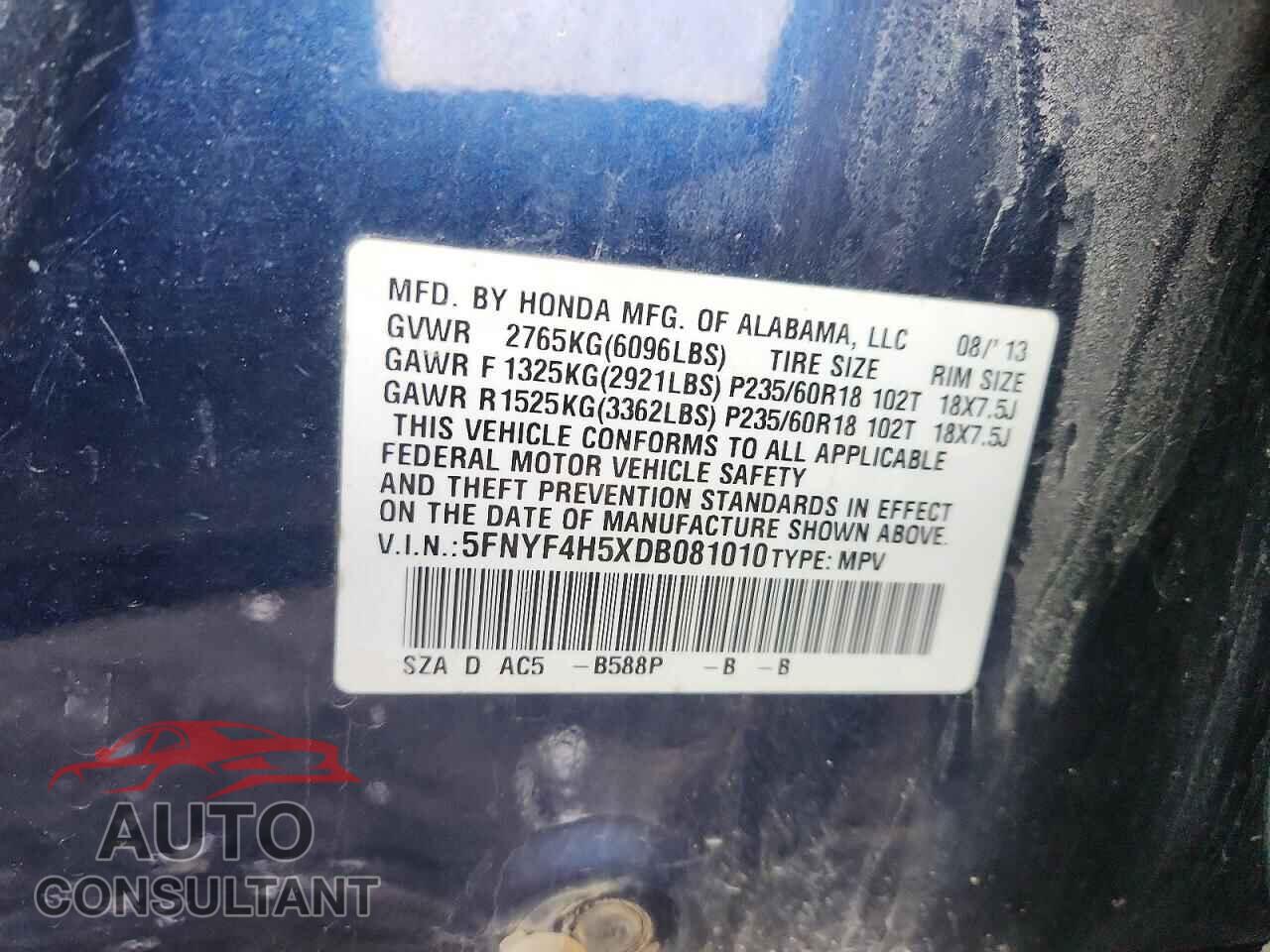 HONDA PILOT 2013 - 5FNYF4H5XDB081010