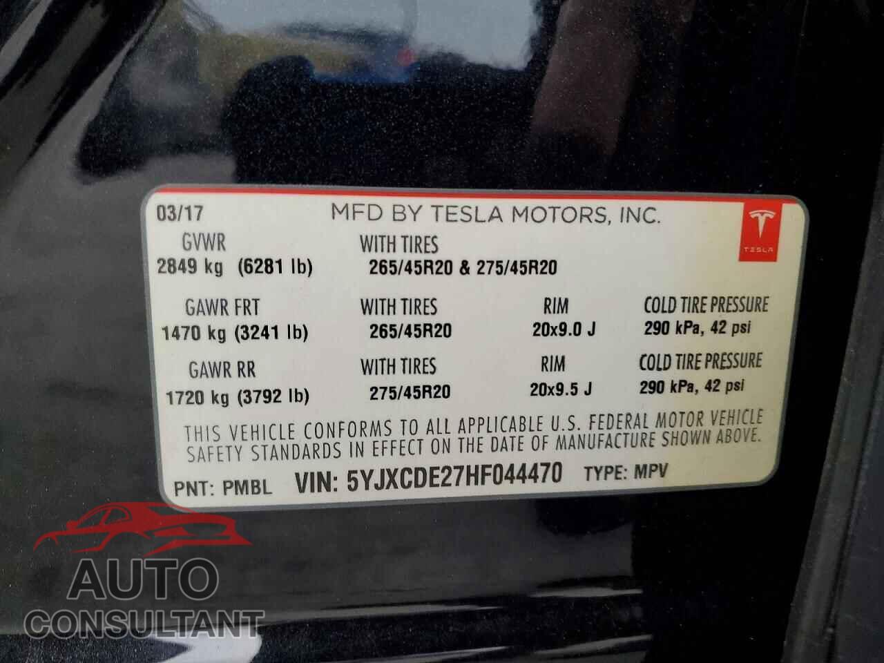 TESLA MODEL X 2017 - 5YJXCDE27HF044470