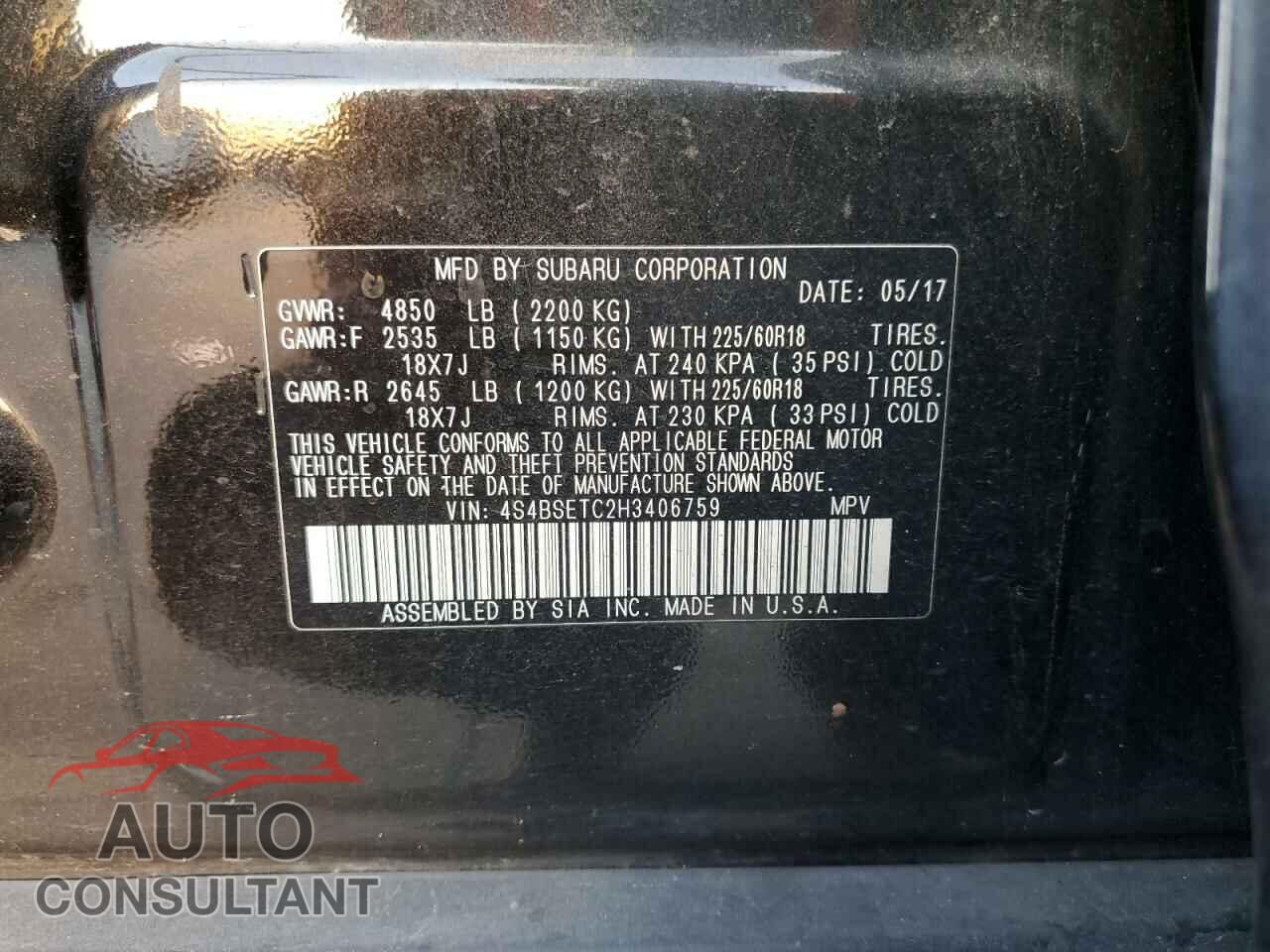 SUBARU OUTBACK 2017 - 4S4BSETC2H3406759