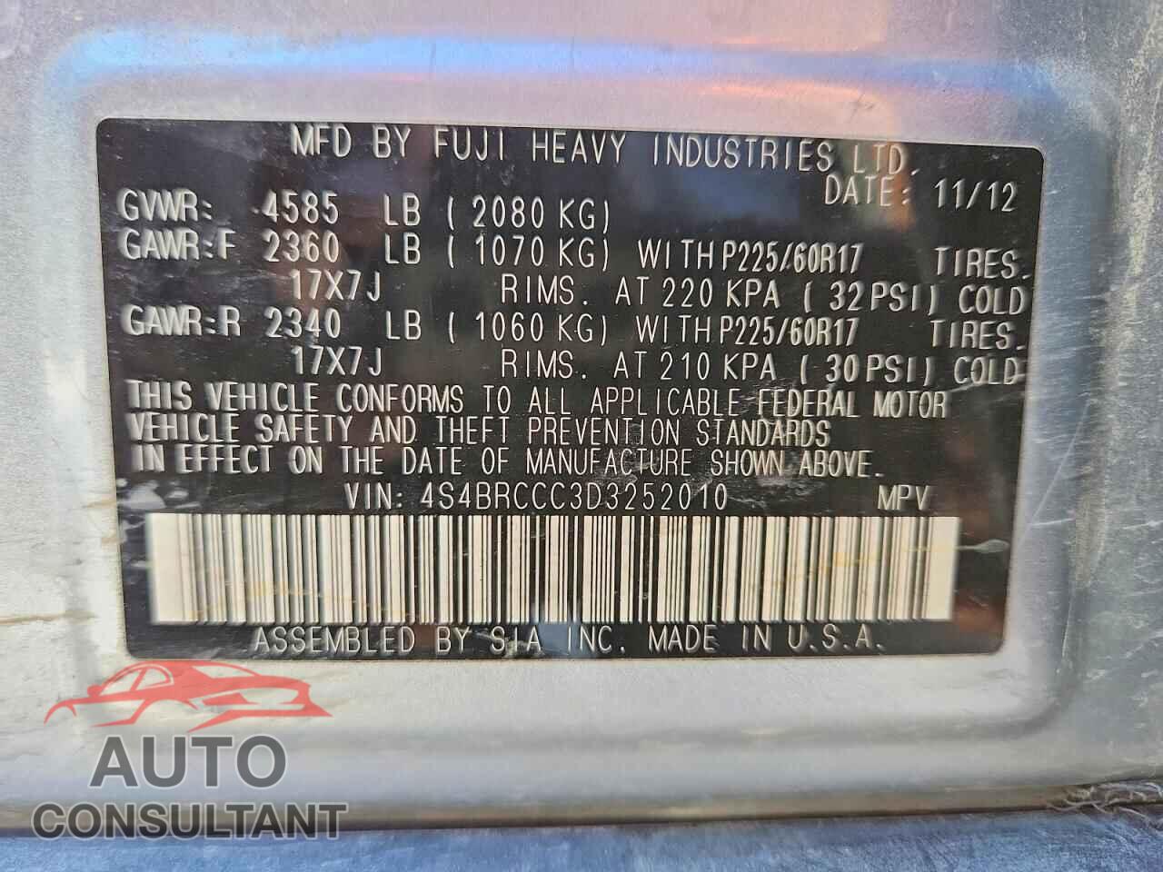 SUBARU OUTBACK 2013 - 4S4BRCCC3D3252010