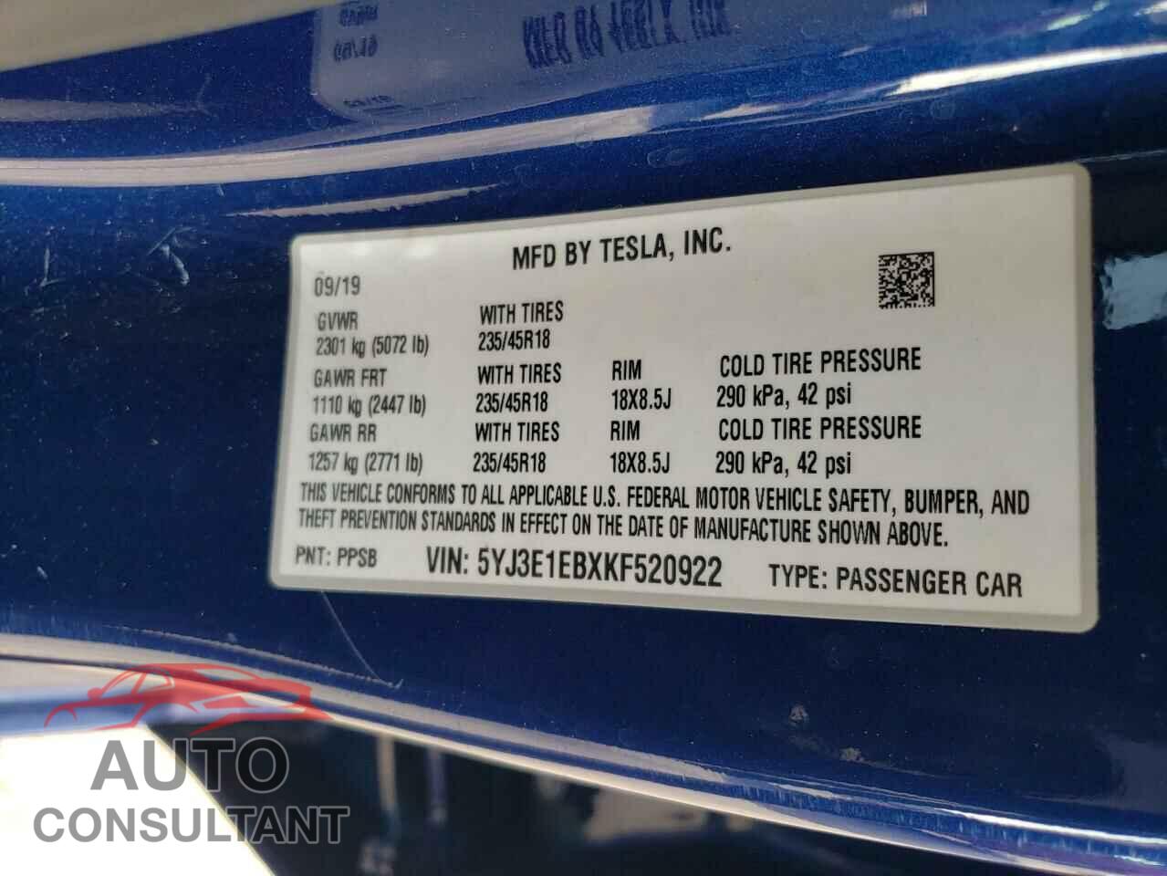 TESLA MODEL 3 2019 - 5YJ3E1EBXKF520922