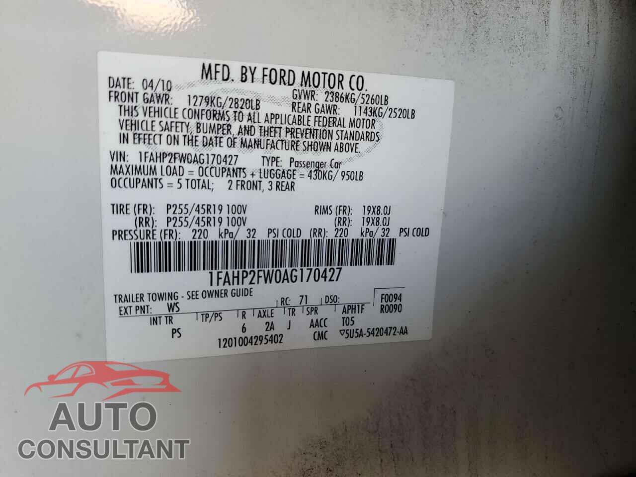 FORD TAURUS 2010 - 1FAHP2FW0AG170427
