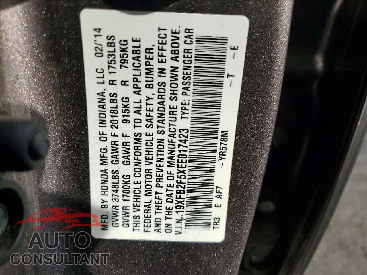 HONDA CIVIC 2014 - 19XFB2F5XEE017423