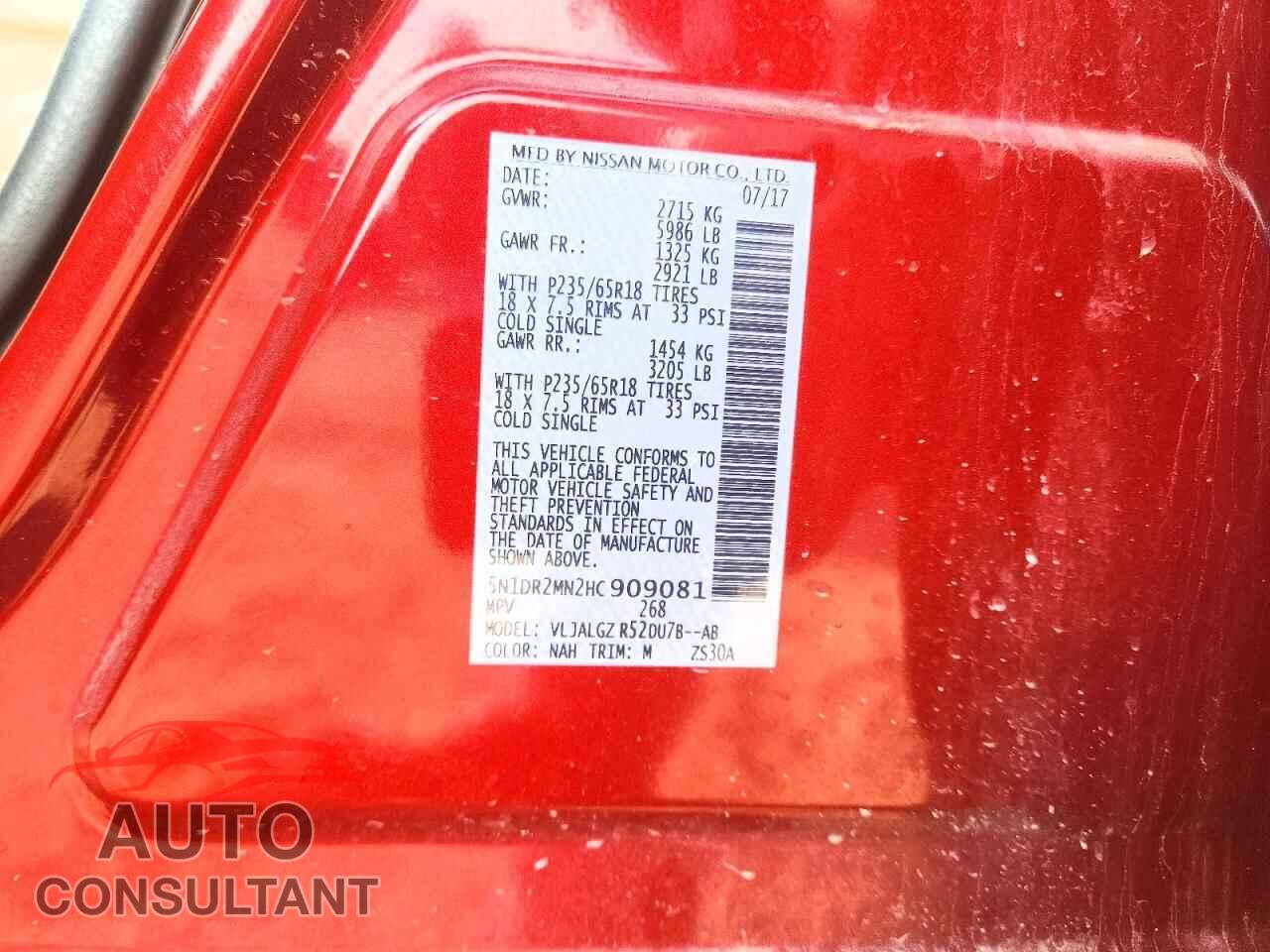 NISSAN PATHFINDER 2017 - 5N1DR2MN2HC909081