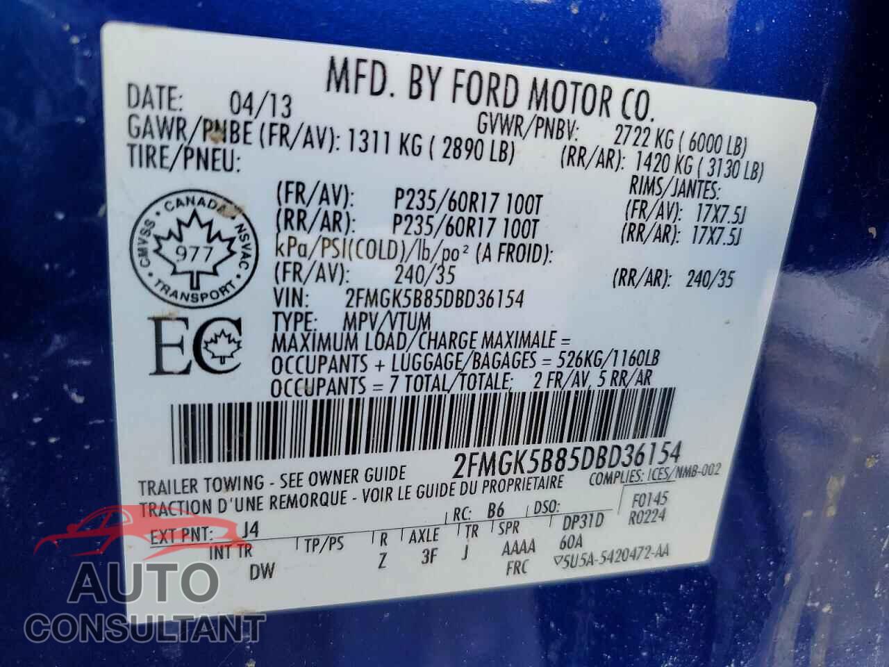 FORD FLEX 2013 - 2FMGK5B85DBD36154