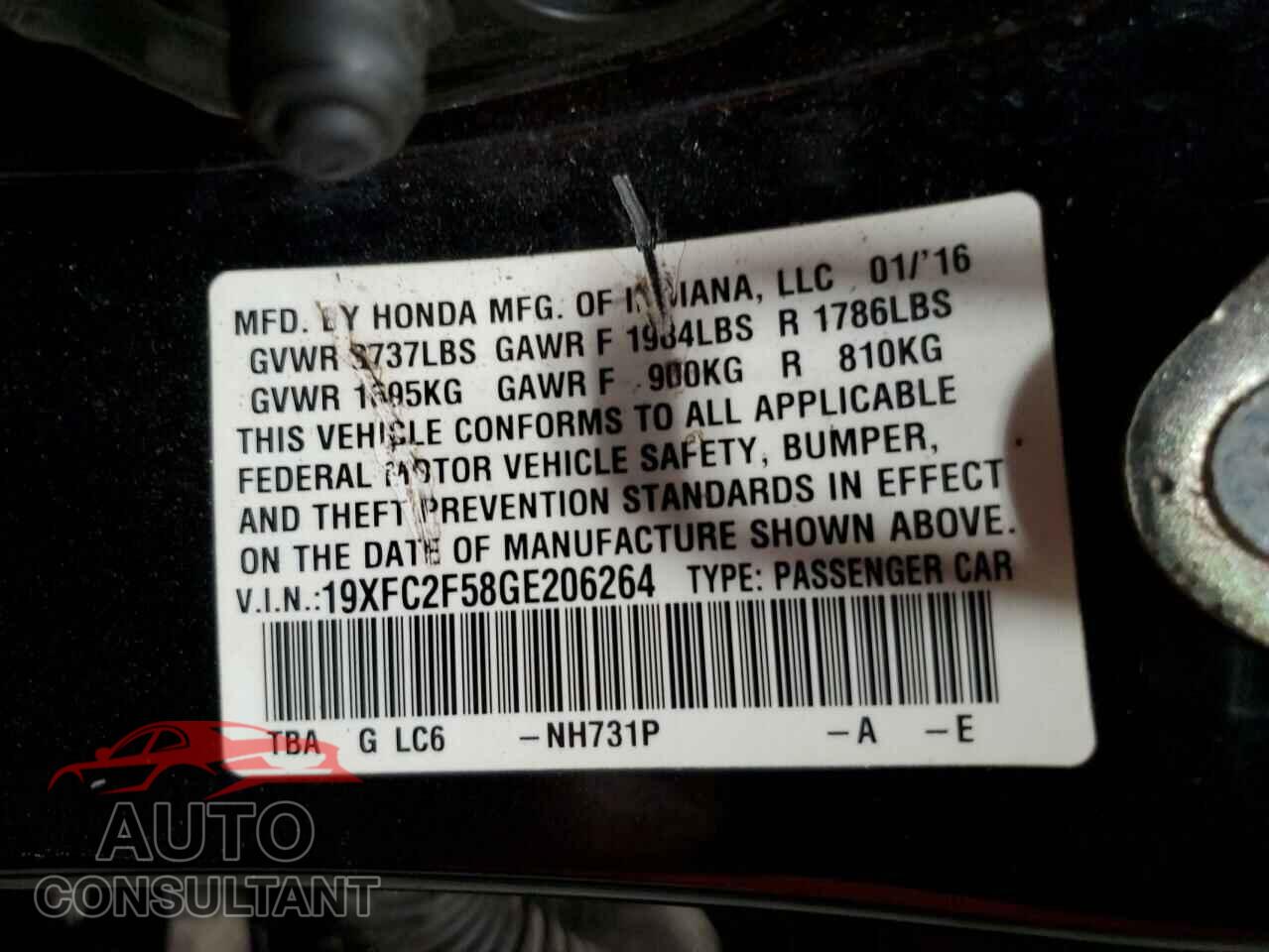 HONDA CIVIC 2016 - 19XFC2F58GE206264
