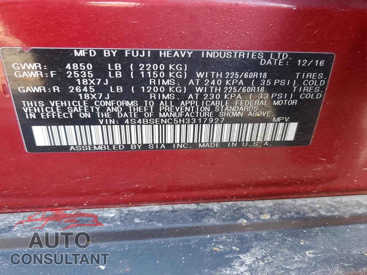 SUBARU OUTBACK 2017 - 4S4BSENC5H3317927