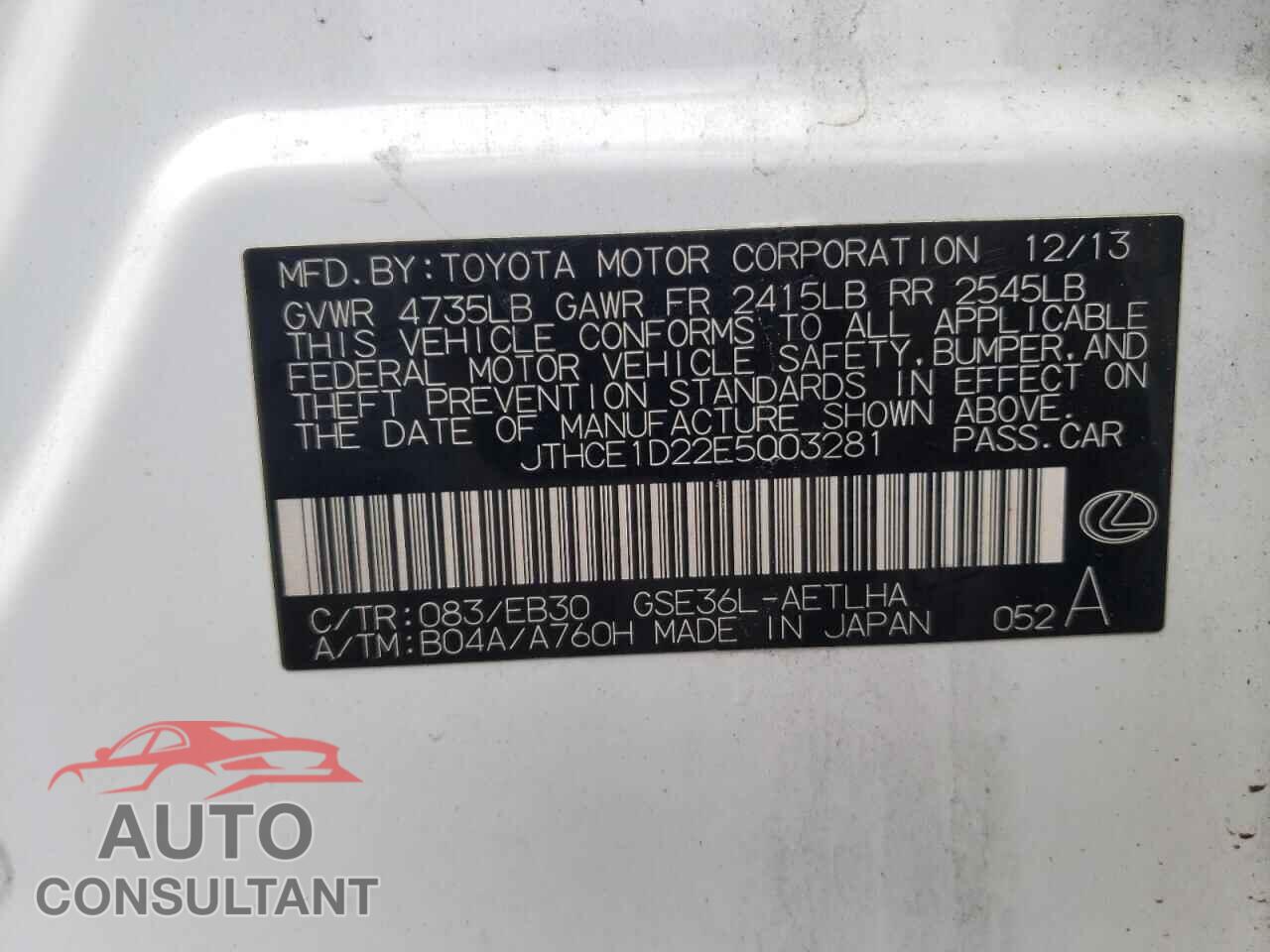 LEXUS IS 2014 - JTHCE1D22E5003281