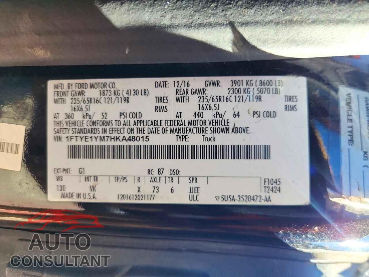 FORD TRANSIT 2017 - 1FTYE1YM7HKA48015