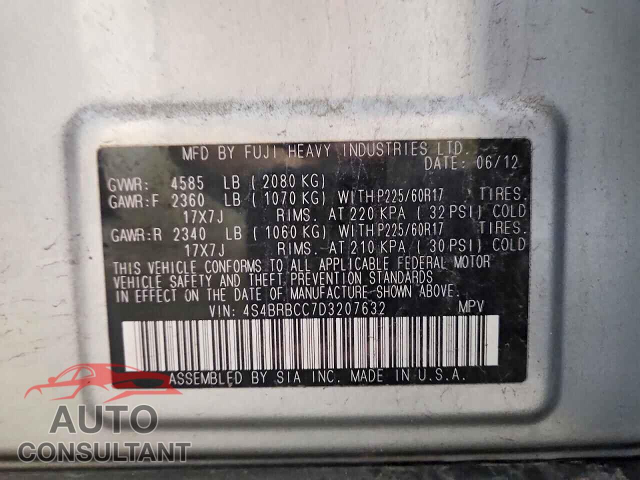 SUBARU OUTBACK 2013 - 4S4BRBCC7D3207632