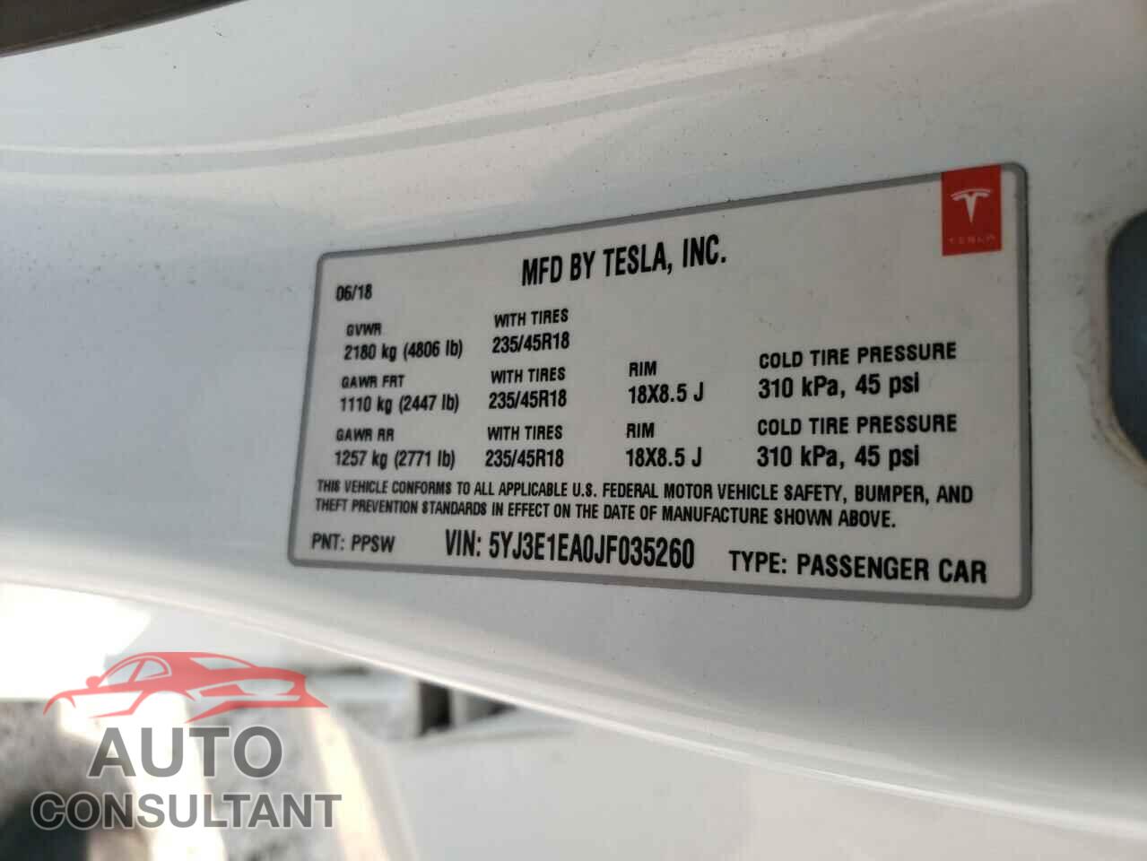 TESLA MODEL 3 2018 - 5YJ3E1EA0JF035260
