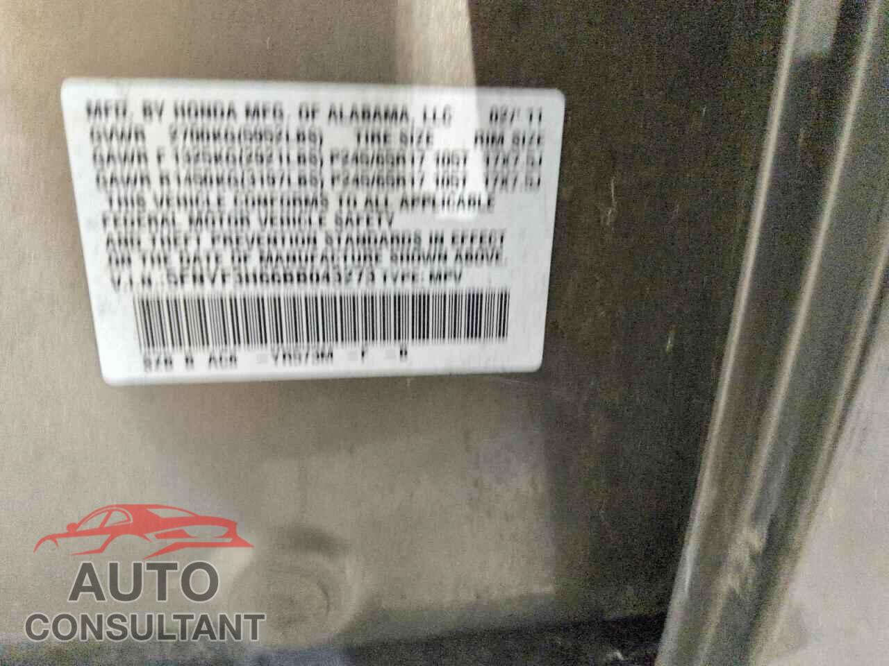 HONDA PILOT 2011 - 5FNYF3H66BB043273