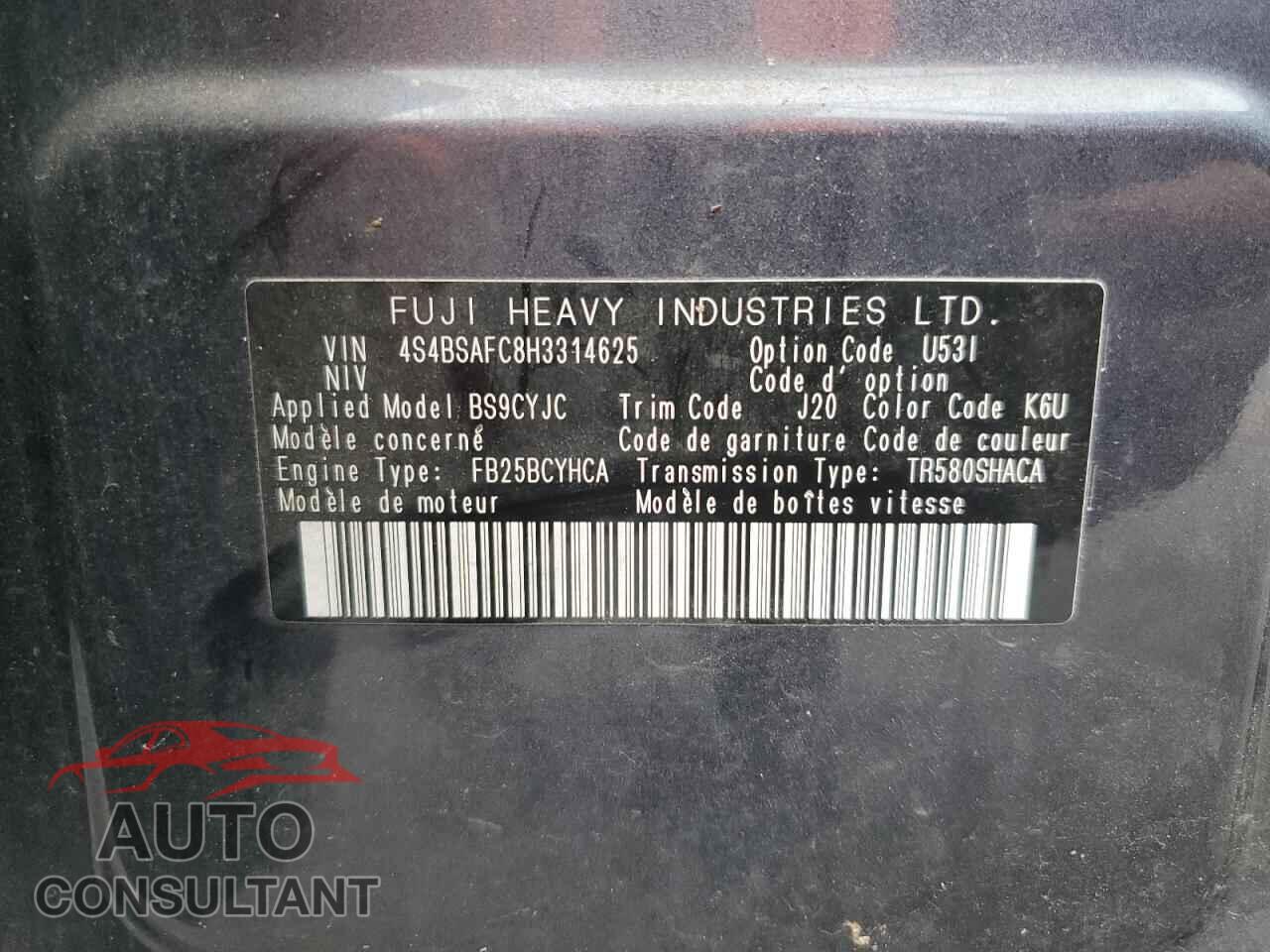 SUBARU OUTBACK 2017 - 4S4BSAFC8H3314625