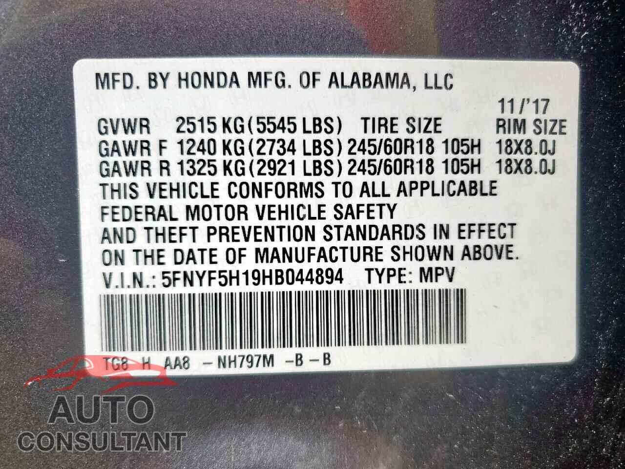 HONDA PILOT 2017 - 5FNYF5H19HB044894