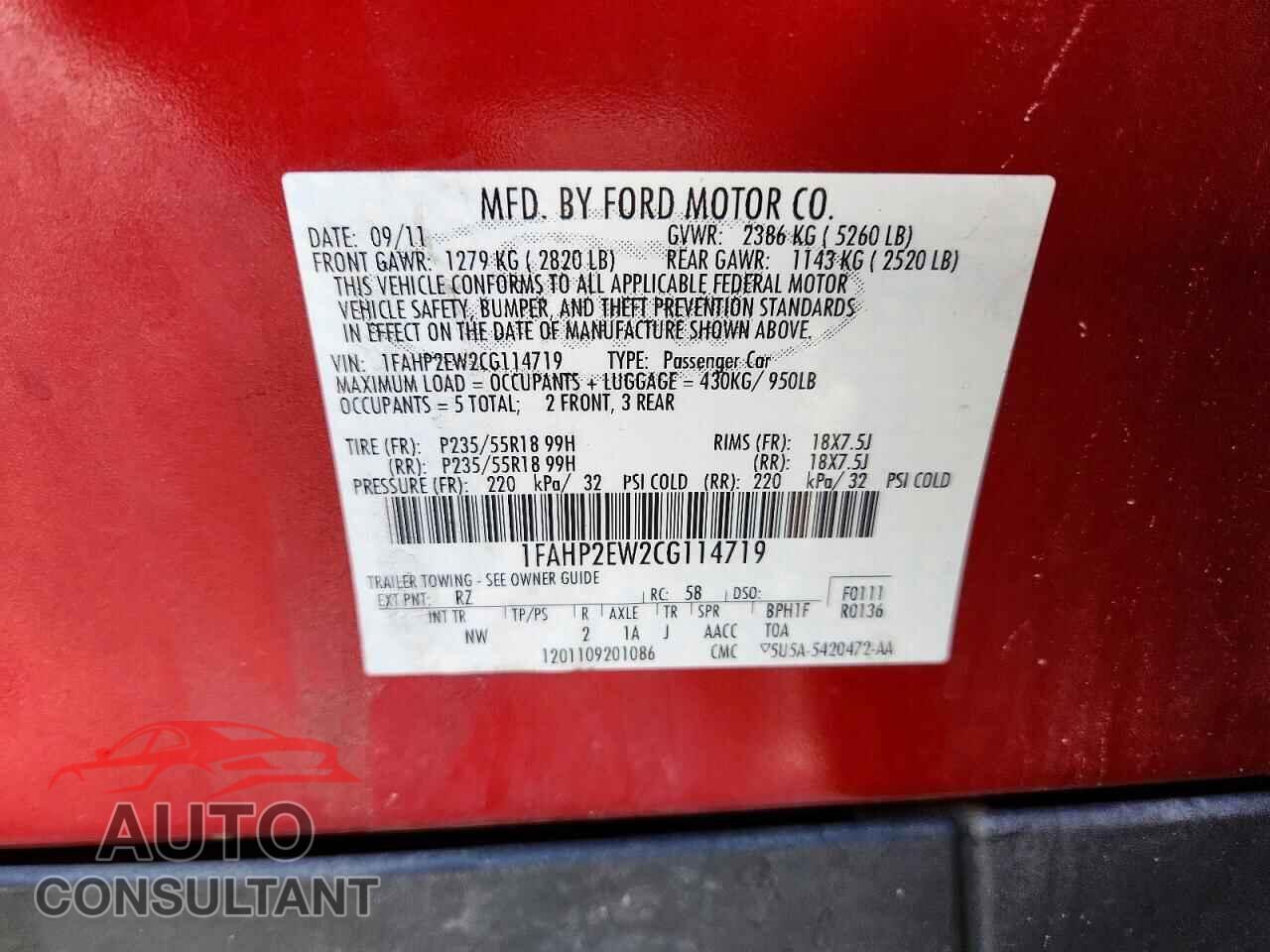 FORD TAURUS 2012 - 1FAHP2EW2CG114719