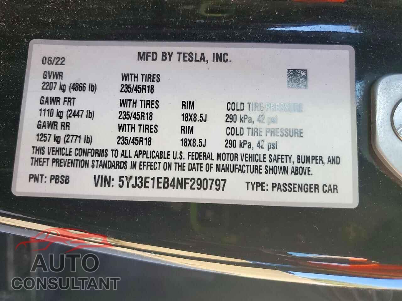 TESLA MODEL 3 2022 - 5YJ3E1EB4NF290797