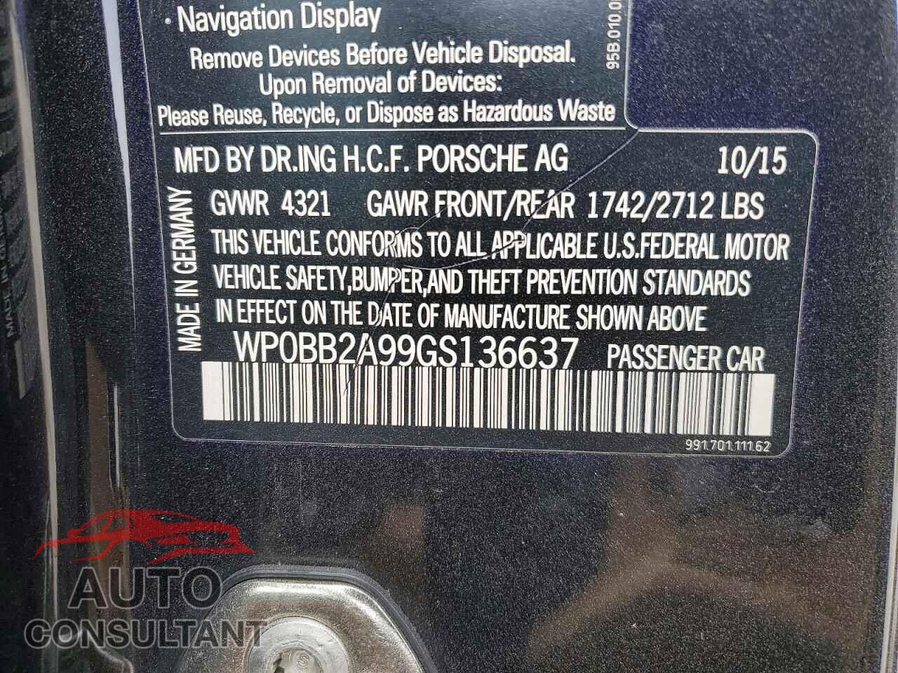 PORSCHE 911 2016 - WP0BB2A99GS136637