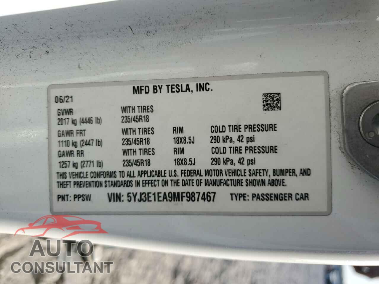 TESLA MODEL 3 2021 - 5YJ3E1EA9MF987467