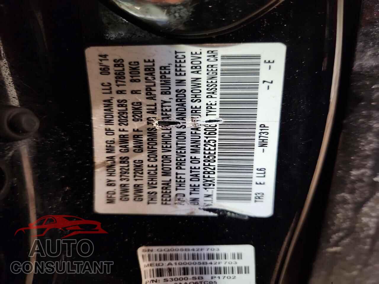 HONDA CIVIC 2014 - 19XFB2F85EE251608