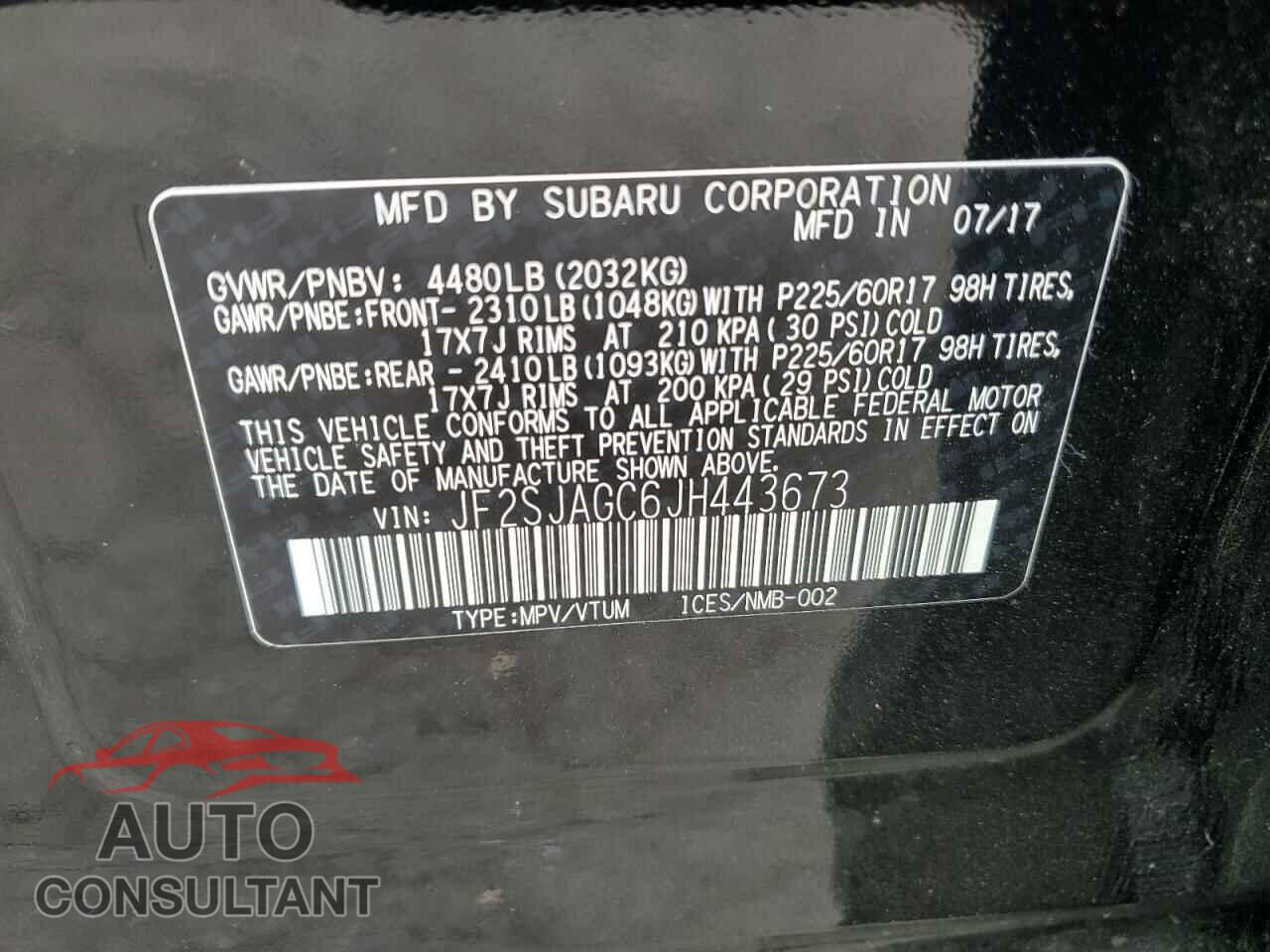 SUBARU FORESTER 2018 - JF2SJAGC6JH443673