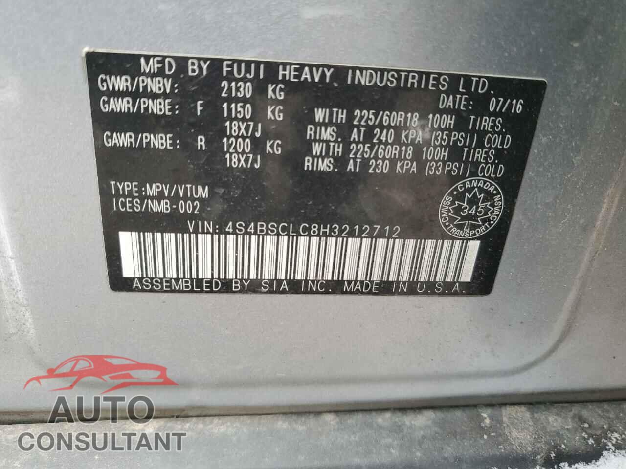 SUBARU OUTBACK 2017 - 4S4BSCLC8H3212712