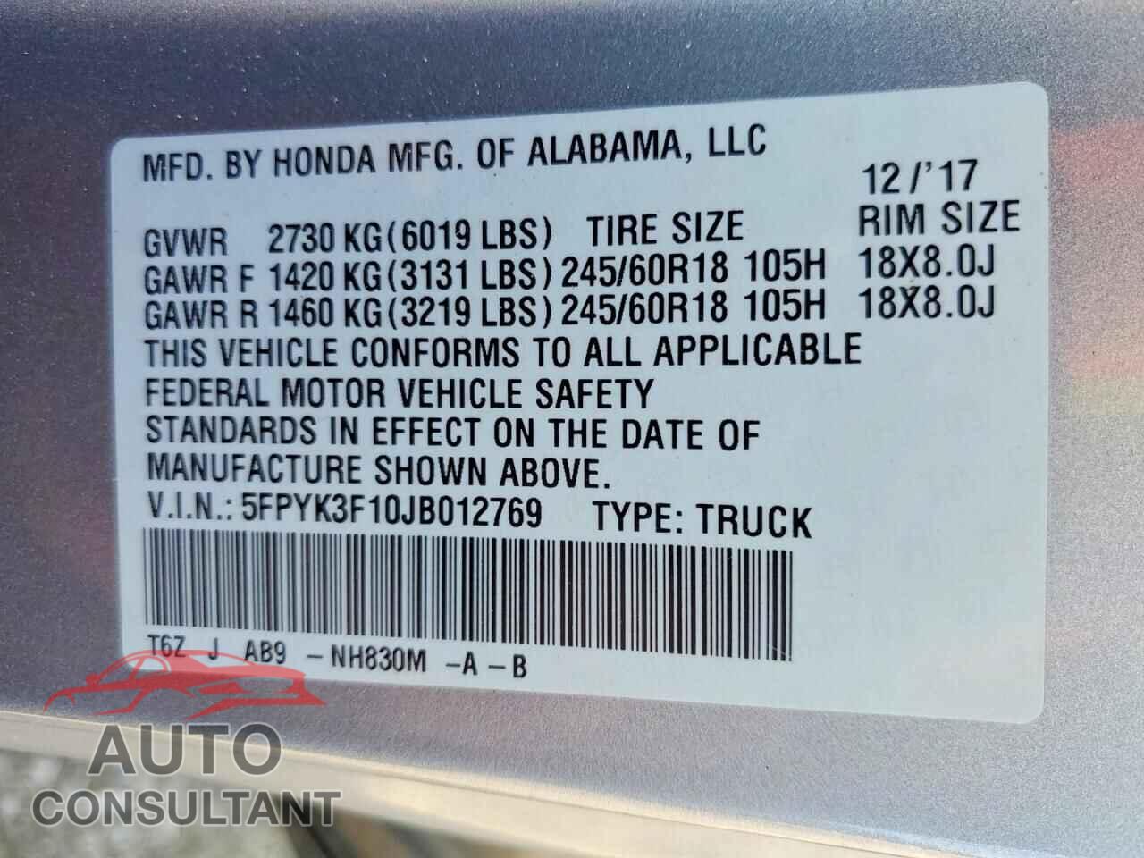 HONDA RIDGELINE 2018 - 5FPYK3F10JB012769