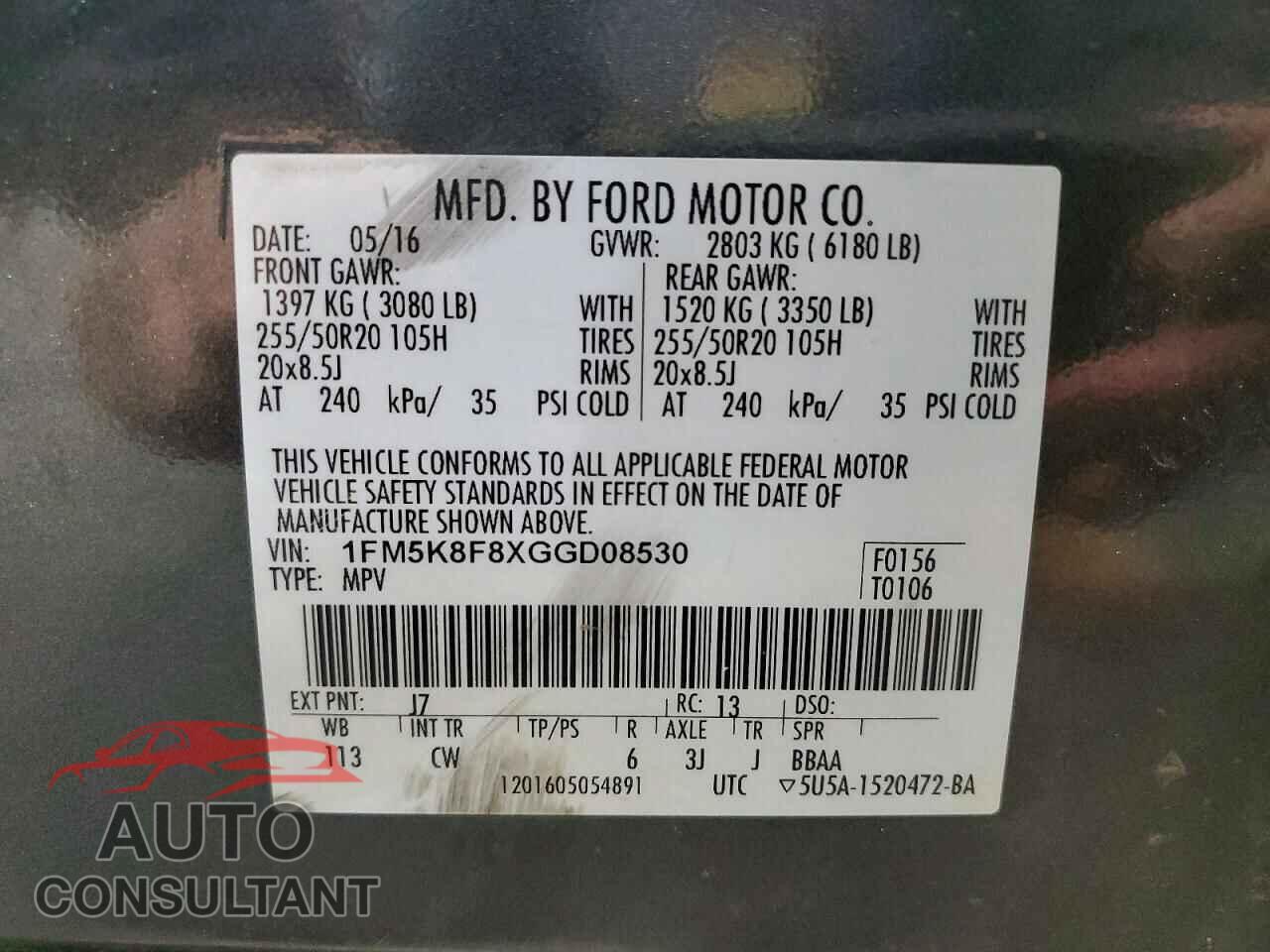 FORD EXPLORER 2016 - 1FM5K8F8XGGD08530