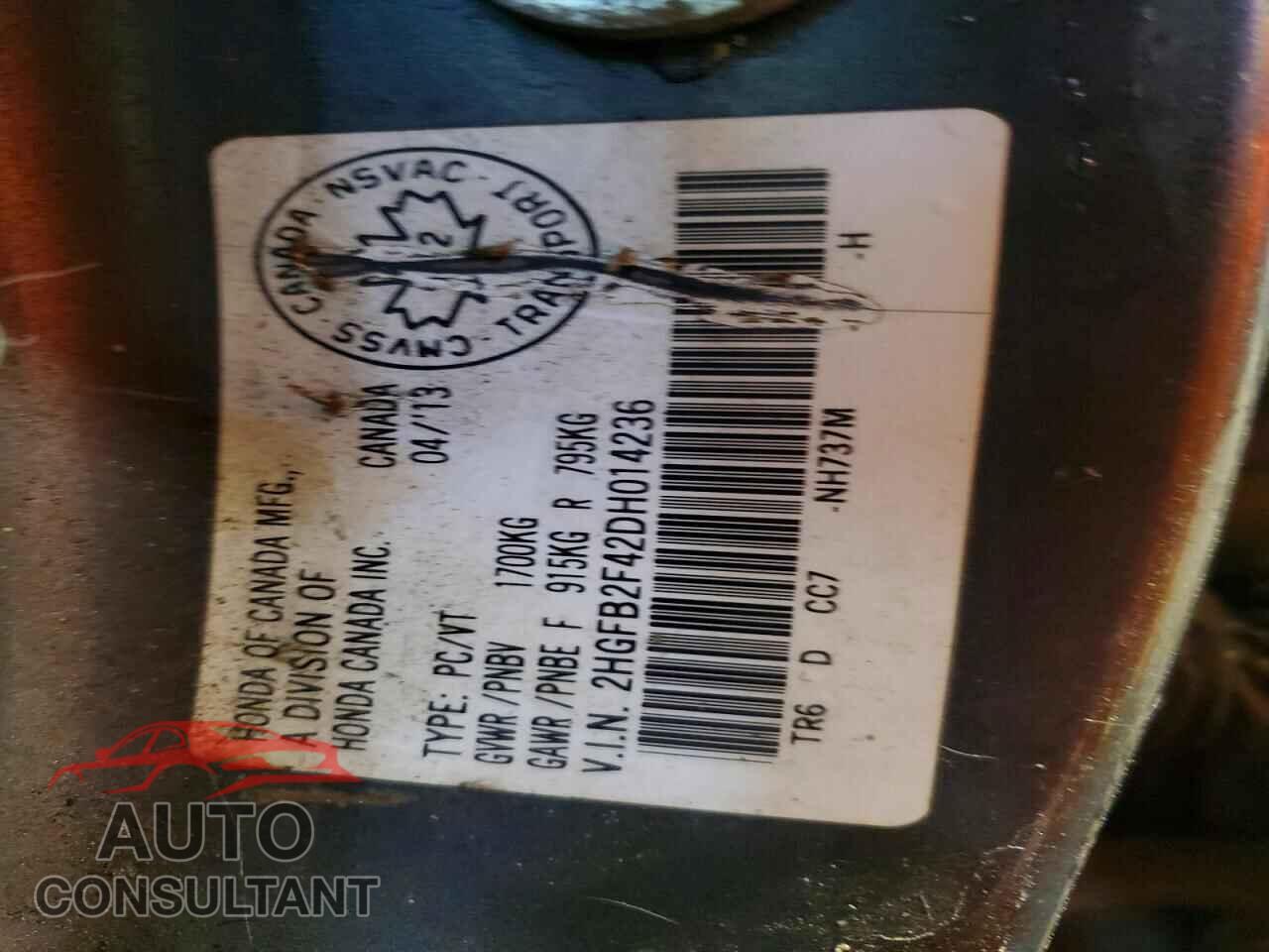 HONDA CIVIC 2013 - 2HGFB2F42DH014236