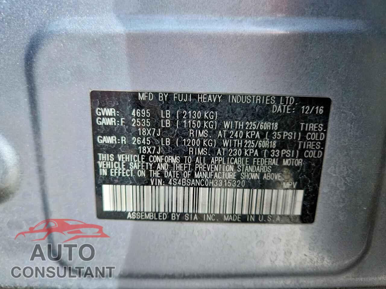 SUBARU OUTBACK 2017 - 4S4BSANC0H3315320