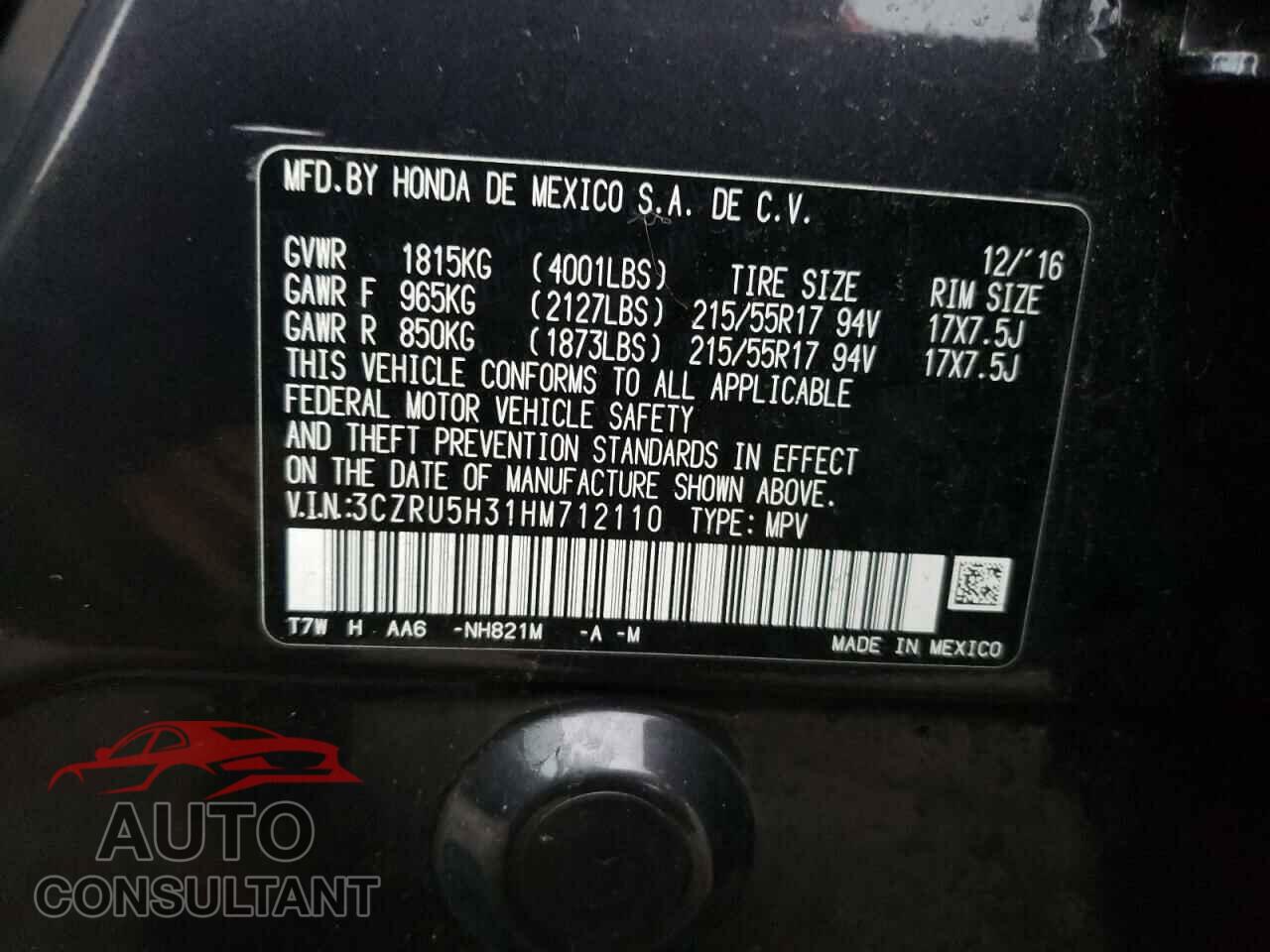 HONDA HR-V 2017 - 3CZRU5H31HM712110