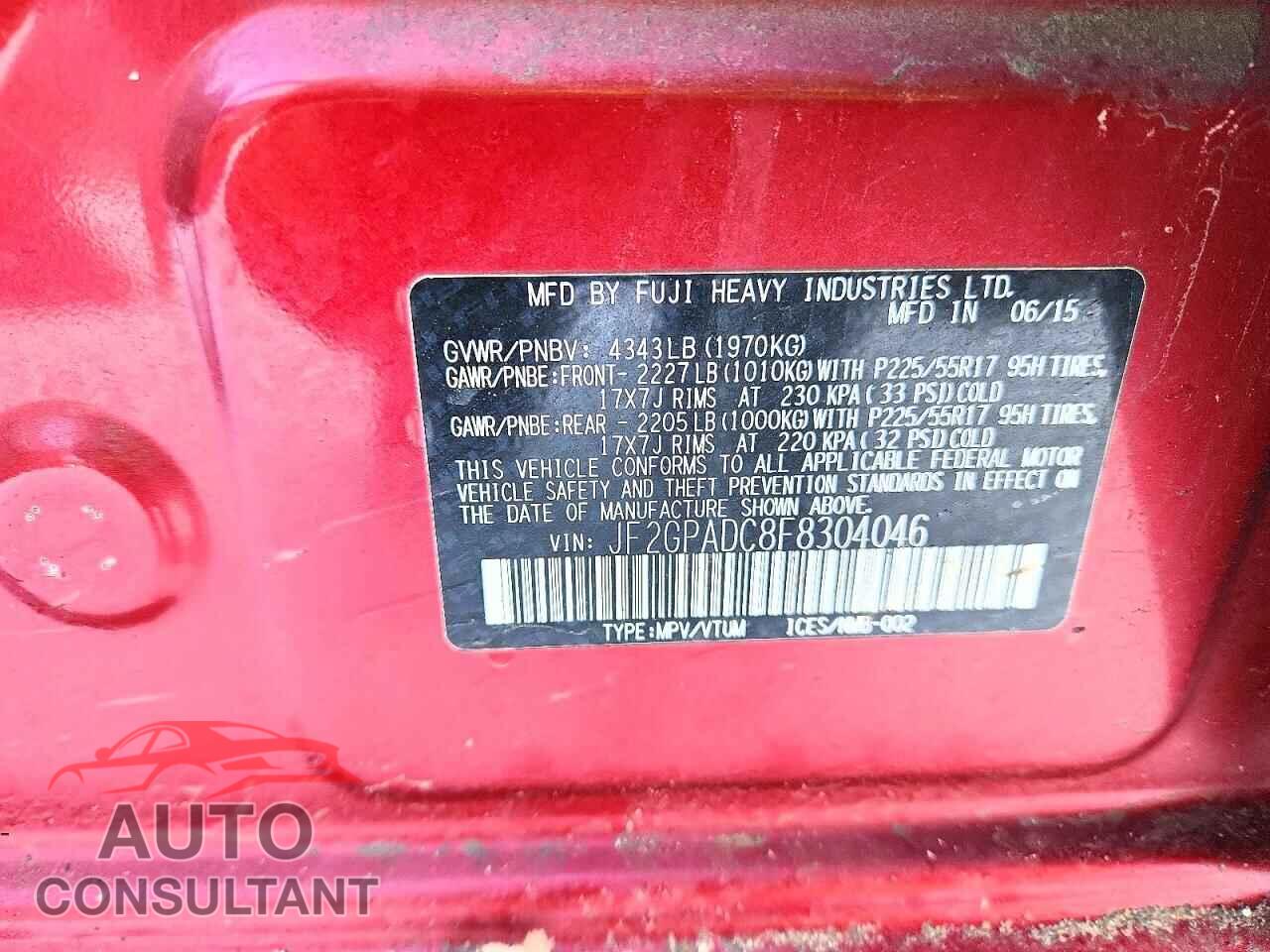 SUBARU XV 2015 - JF2GPADC8F8304046