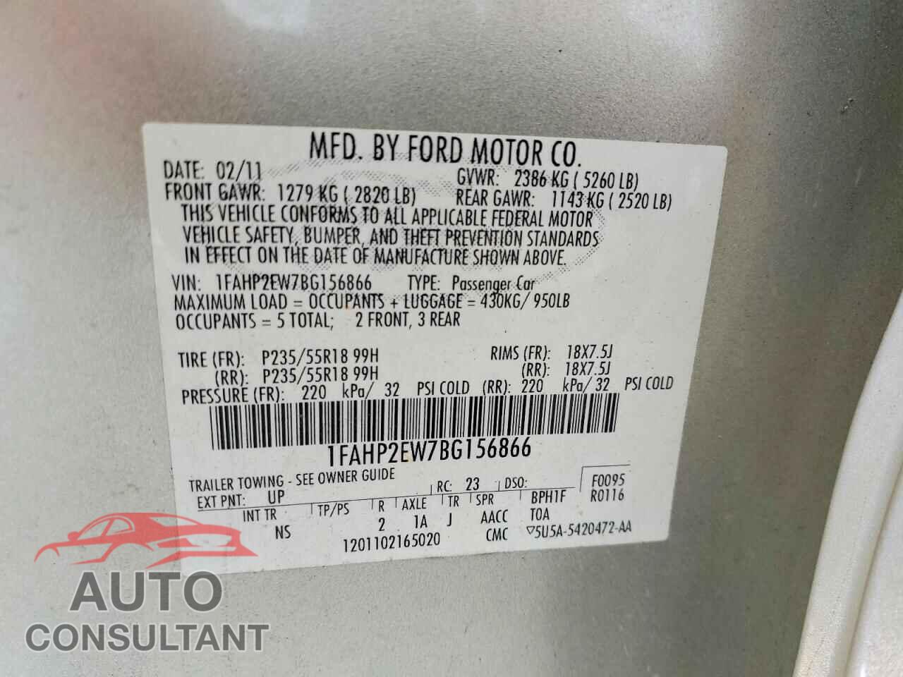 FORD TAURUS 2011 - 1FAHP2EW7BG156866