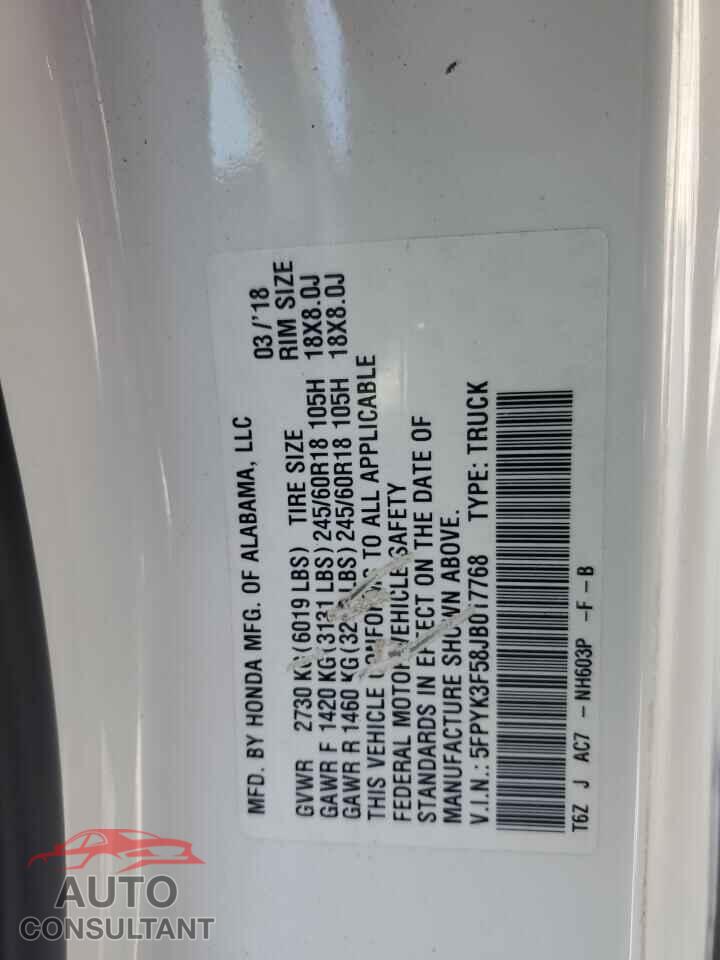 HONDA RIDGELINE 2018 - 5FPYK3F58JB017768