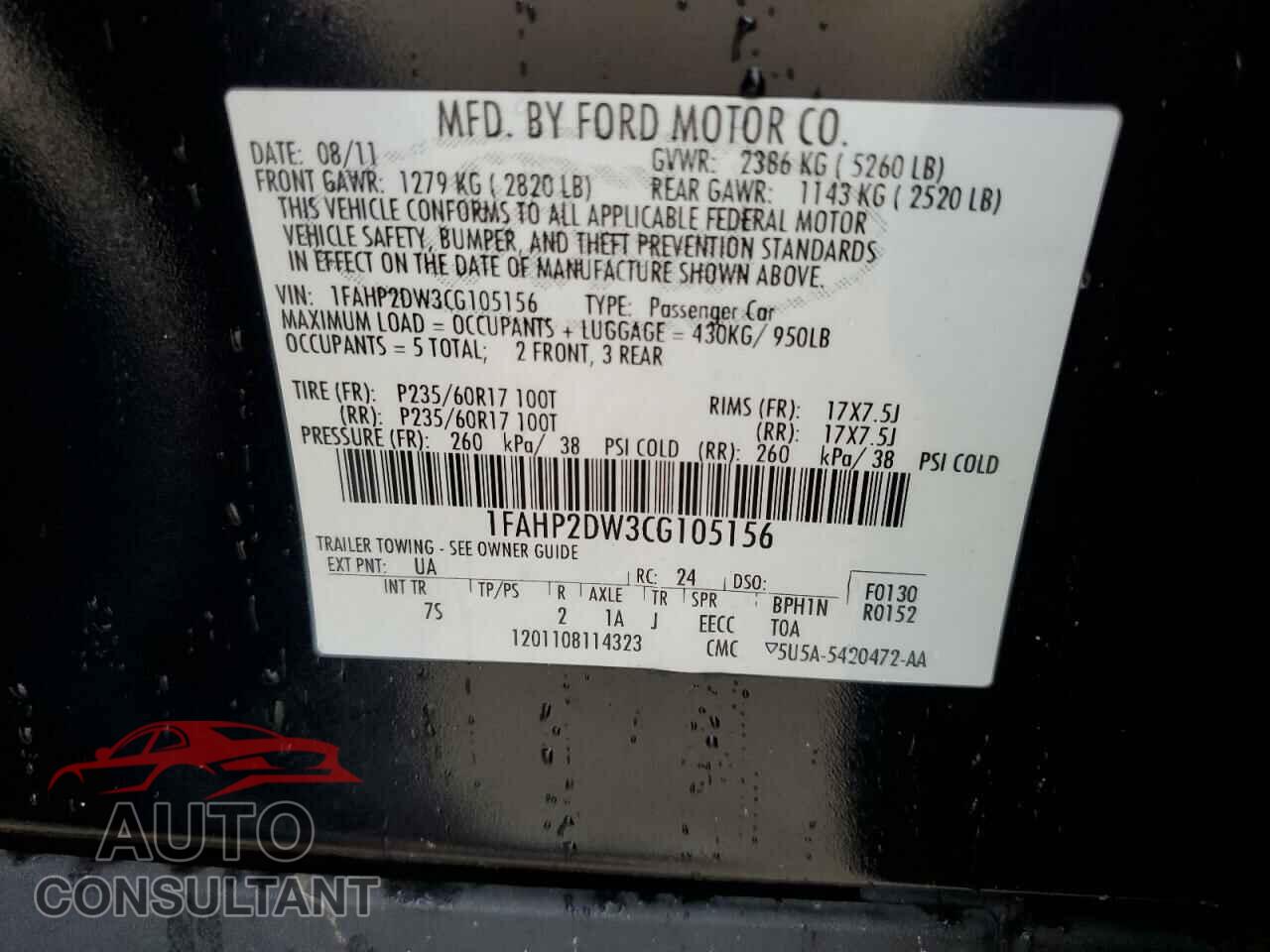 FORD TAURUS 2012 - 1FAHP2DW3CG105156