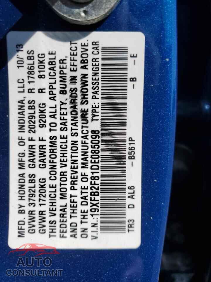 HONDA CIVIC 2013 - 19XFB2F81DE085098